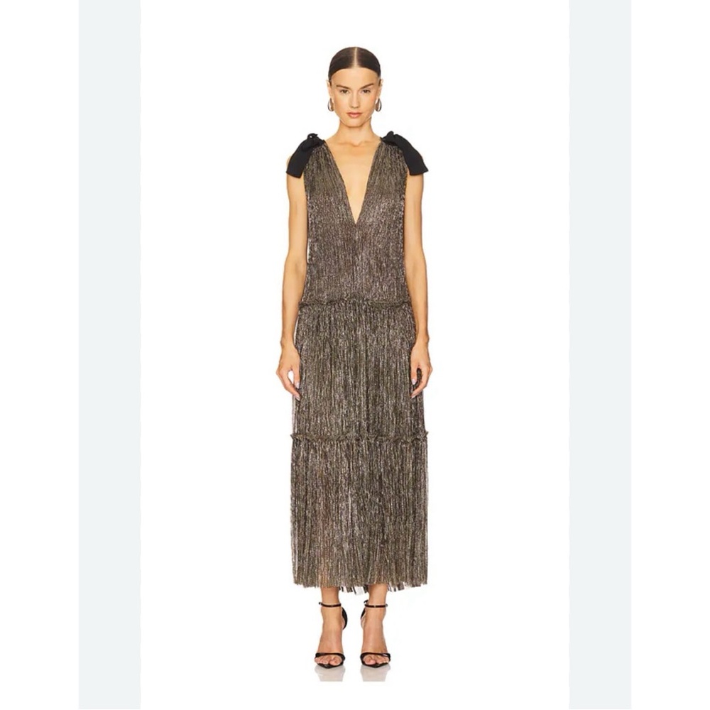 Sabina Musayev XL Ray Bow Maxi Dress Gold V Neck Tiered Disco Glam Party Evening - Picture 6 of 7
